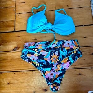Two piece bikini - tropical print high waisted bottoms and teal top!
